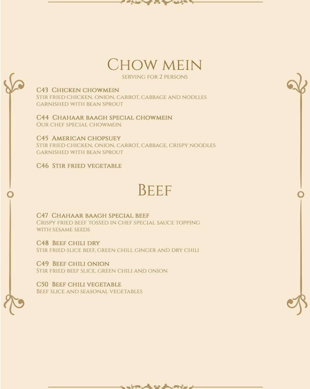 Chow mein and beef menu