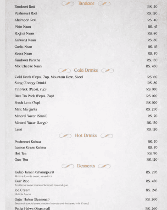 Pind restaurant side menu