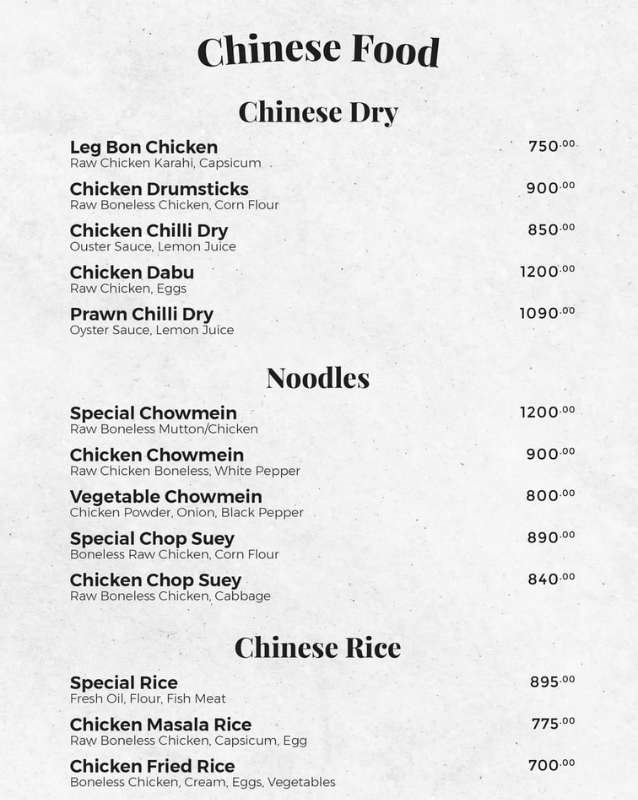 Chinese Food Menu