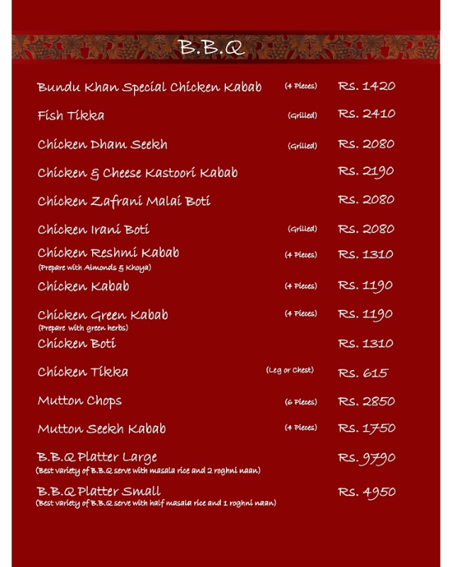 B.B.Q menu - Bundu Khan Restaurant