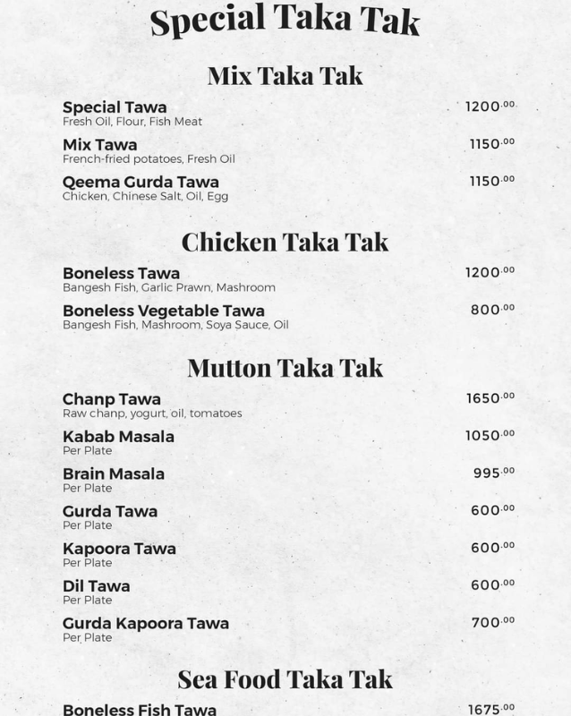 Special Taka Tak menu - Shahbaz Tikka Gujranwala