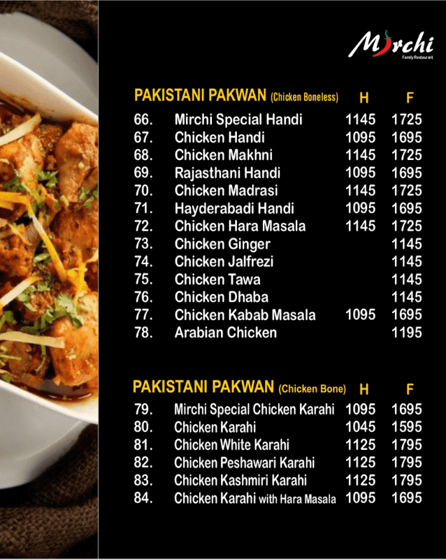 Pakistani cuisine menu