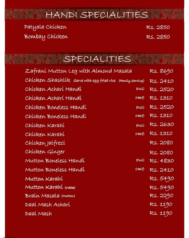 Bundu Khan restaurant menu