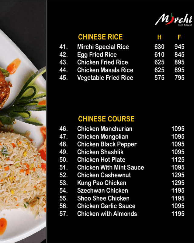 Chinese Rice Menu