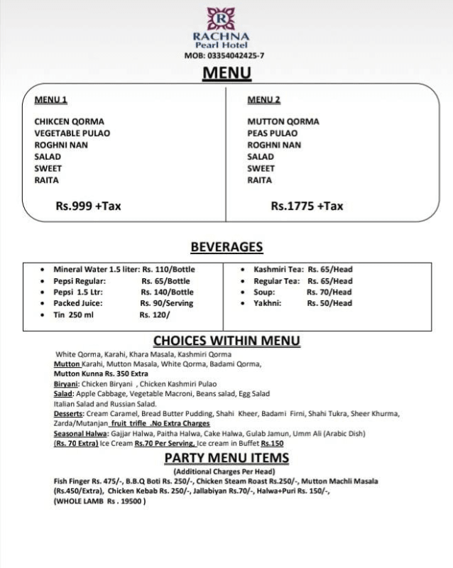 menu of rachna pearl hotel