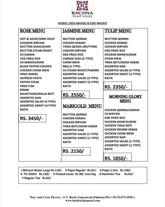 menu of rachna hotel