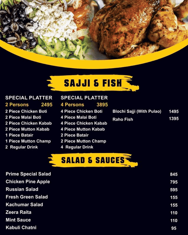 sajji and fish prime restaurant menu