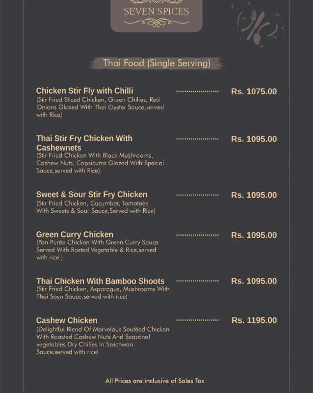 thai food menu of shelton hotel gujranwala